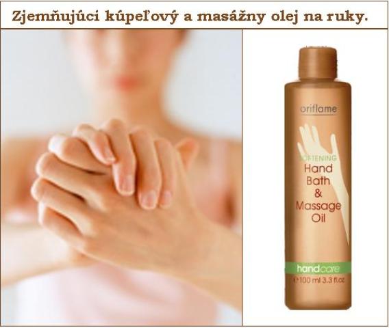 Zjemňujúci kúpeľový a masážny olej na ruky.