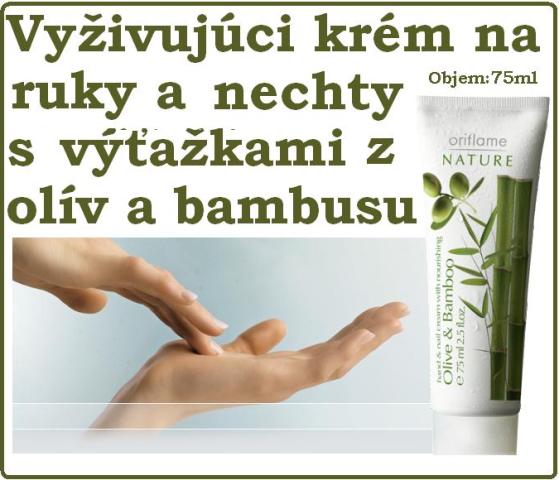 Vyživujúci krém na ruky a nechty s výťažkami z olív a bambusu.